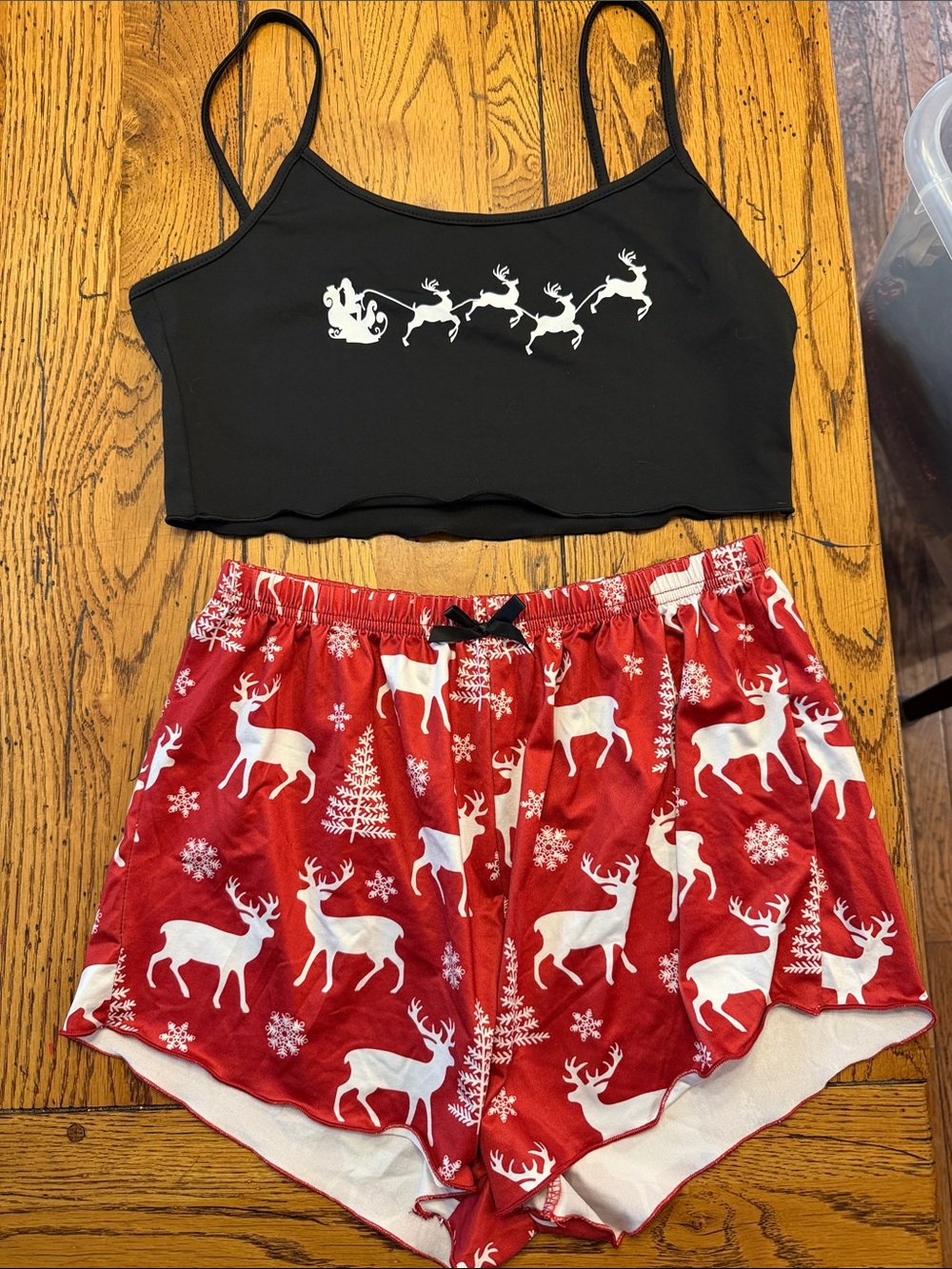 Women's Black Spaghetti Cami & Red Reindeer Sleep Shorts Set Sz M